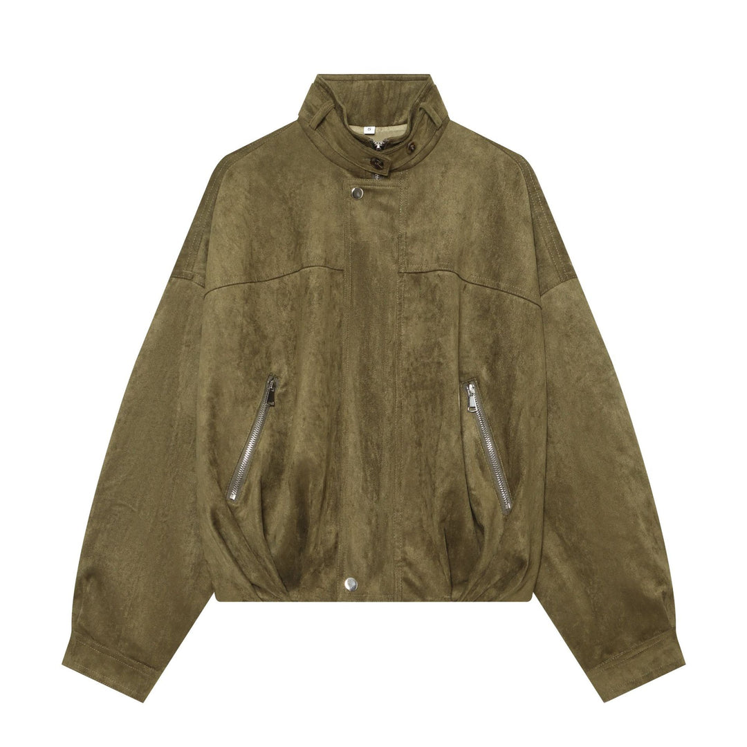 Damen Boxy Veloursleder‑Blousonjacke mit hohem Stehkragen, elastischem Saum und Reißverschlusstaschen Drune