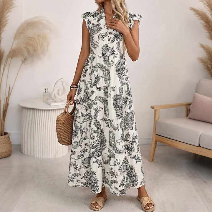 Damen Maxikleid mit Paisley‑Print, V‑Ausschnitt und Stufenrock Drune