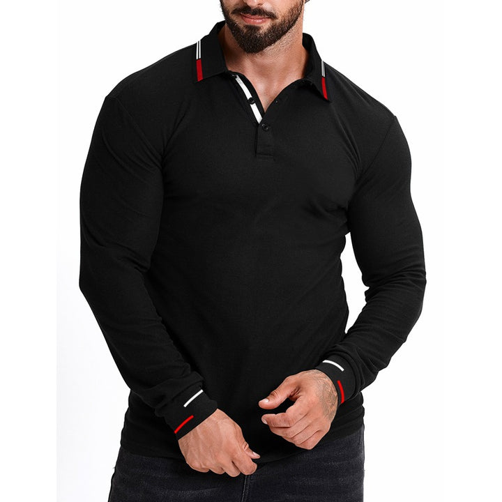 Herren Slim-Fit Langarm-Poloshirt mit Kontraststreifen an Kragen und Bündchen Drune