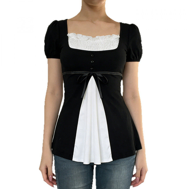 Damen Elegantes Kurzarm-Oberteil mit Plissee und Dekoband Drune