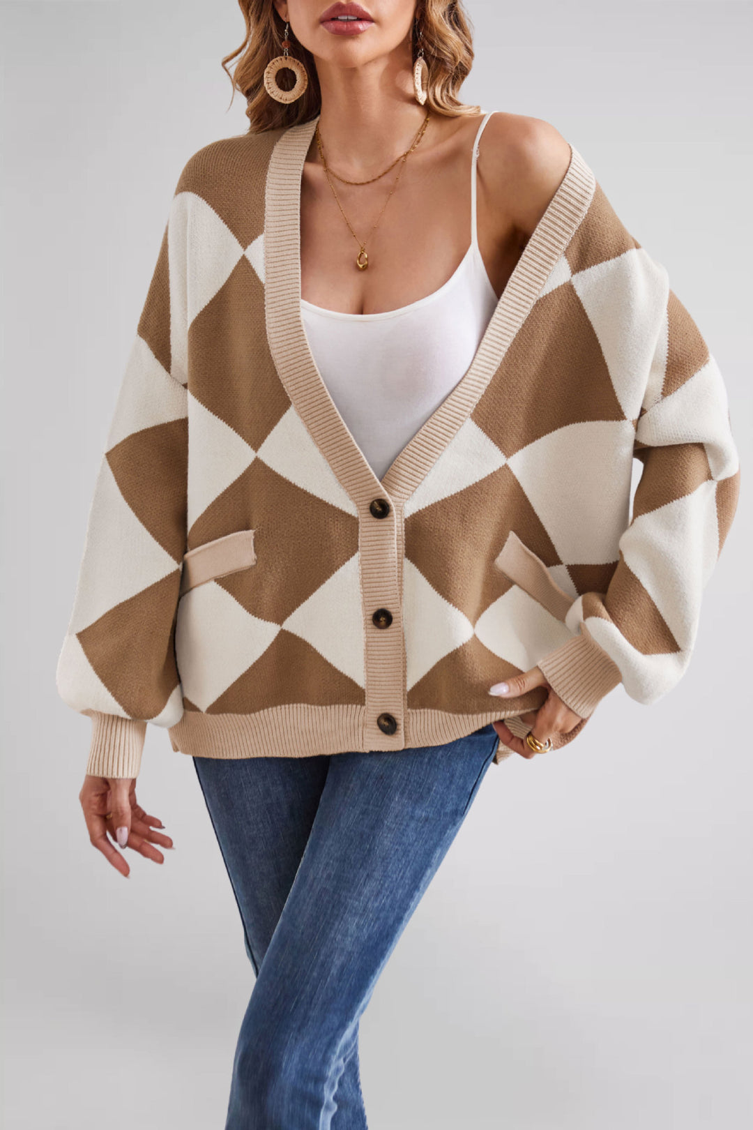 Damen Übergroße Strickjacke mit Karomuster und tiefem V-Ausschnitt Drune
