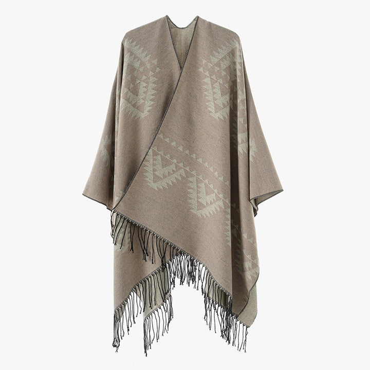 Damen Grobgewebter Jacquard-Umhang im Oversize mit Zipfelsaum und Fransensaum Drune