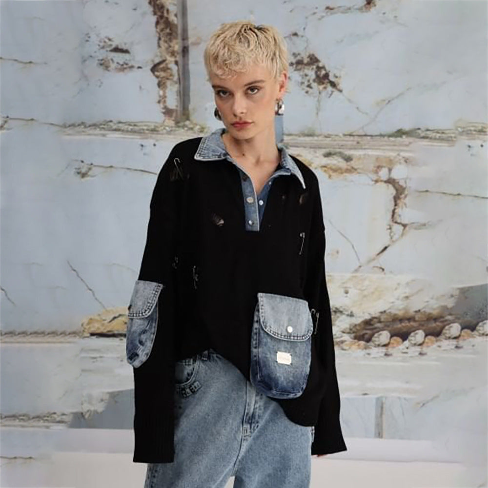 Damen Urbaner Oversized Pullover mit Denim-Details Drune
