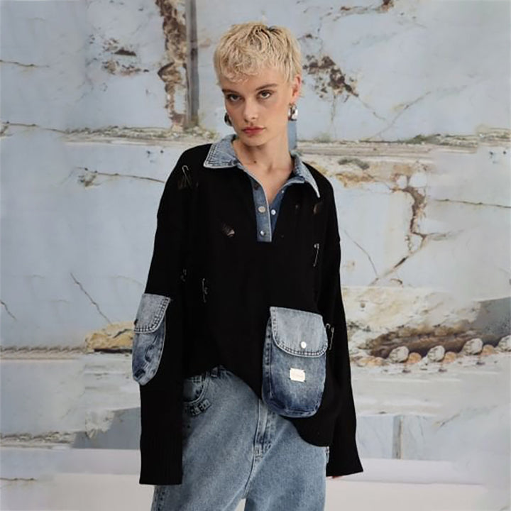 Damen Urbaner Oversized Pullover mit Denim-Details Drune