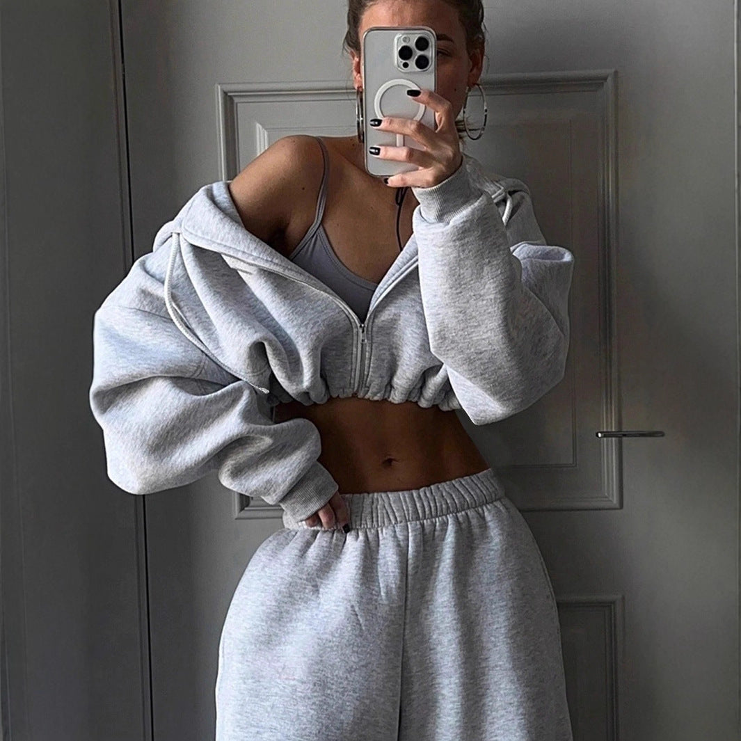 Damen athletisches Cropped-Zip-Hoodie und weite High-Waist Lounge-Jogginghose Drune