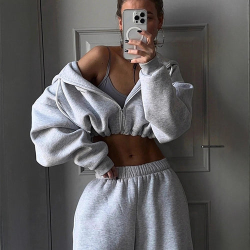 Damen athletisches Cropped-Zip-Hoodie und weite High-Waist Lounge-Jogginghose Drune
