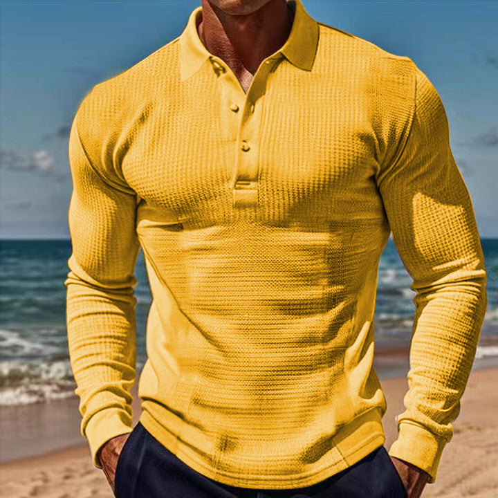 Herren nan körperbetontes Langarm-Henley-Poloshirt aus feiner Rippenstruktur Drune