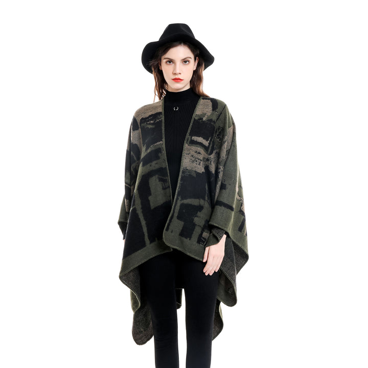 Damen Oversize-Umhangruana aus Wollmix mit abstraktem Jacquard und Zierstichkante Drune