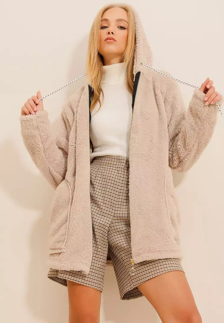 Damen kuschelige Fleecejacke mit Kapuze und Doppelreißverschluss Drune