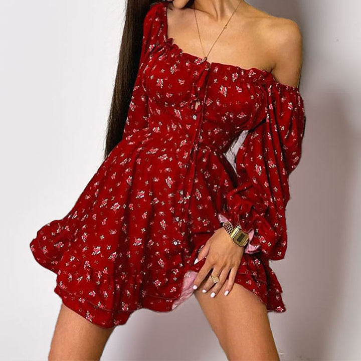 Damen Off-Shoulder Kleid mit floralen Mustern und Rüschendetails Drune