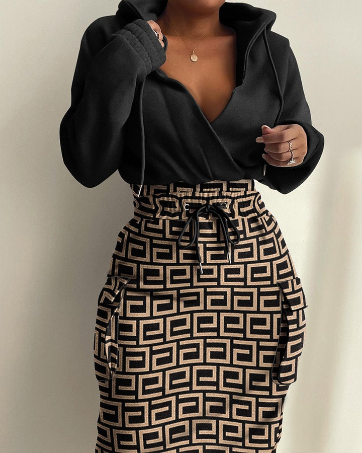 Damen Kapuzen Sweatkleid mit V-Ausschnitt, Kordelzug-Taille und Cargo-Taschen Drune