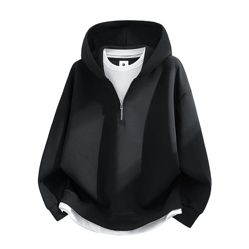 Unisex Oversize-Halbzip-Kapuzenpullover mit Lagen‑Optik, gerundetem Saum & gerippten Bündchen Drune