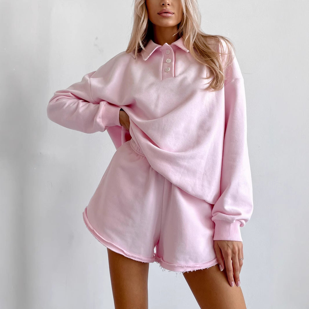 Damen Polo-Sweatshirt und fransige High-Waist Lounge-Shorts Set Drune