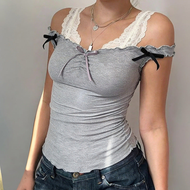 Damen Kurzarmoberteil mit Spitzenakzenten und Schleifendetails Drune