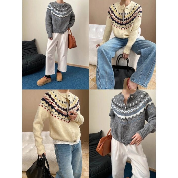 Damen gestrickte Designer-Jacke mit hochgezogenem Kragen und dekorativen Knöpfen Drune