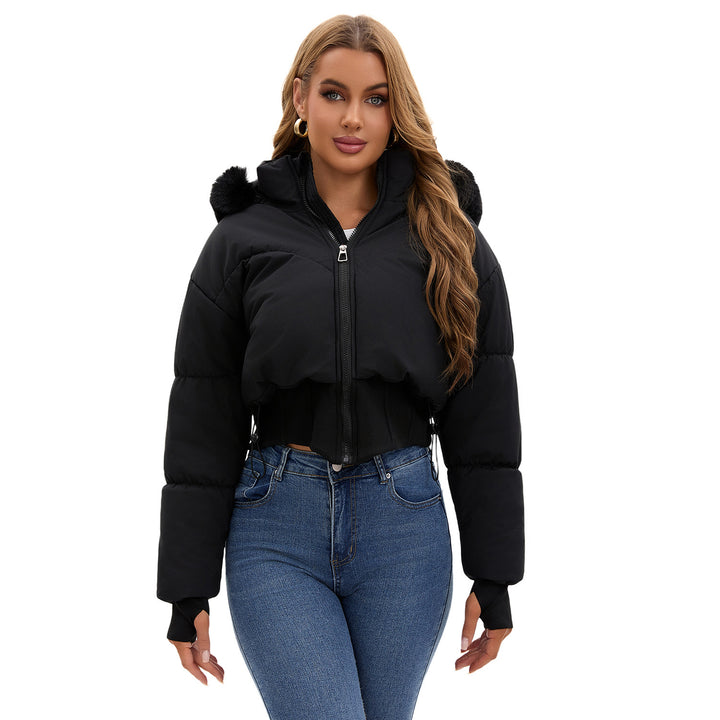 Damen cropped Daunenjacke mit abnehmbarer Kapuze und Kunstfellbesatz Drune