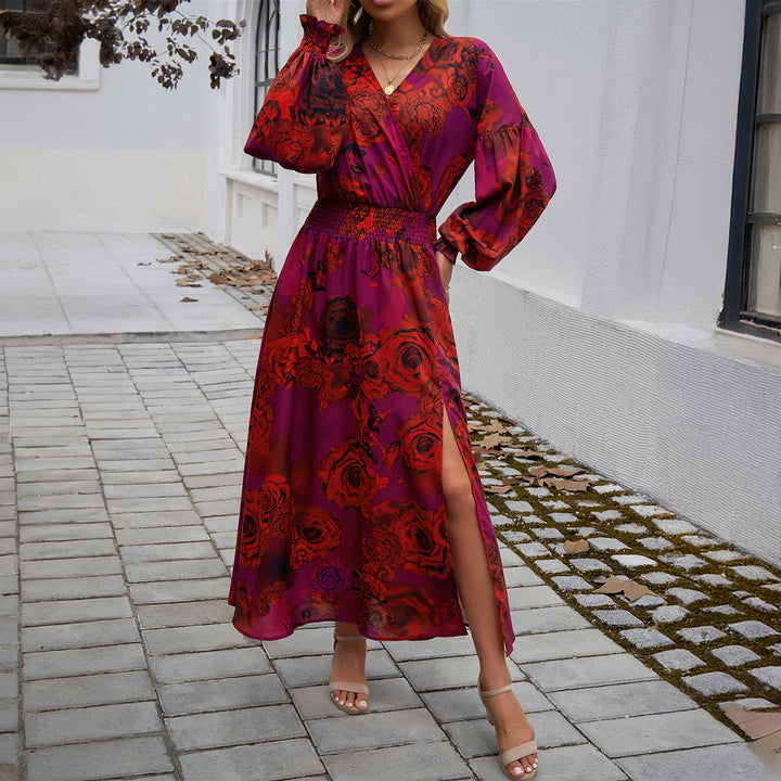 Damen nan Wickelmidikleid mit V-Ausschnitt, Ballonärmeln und taillierendem Gürtel Drune