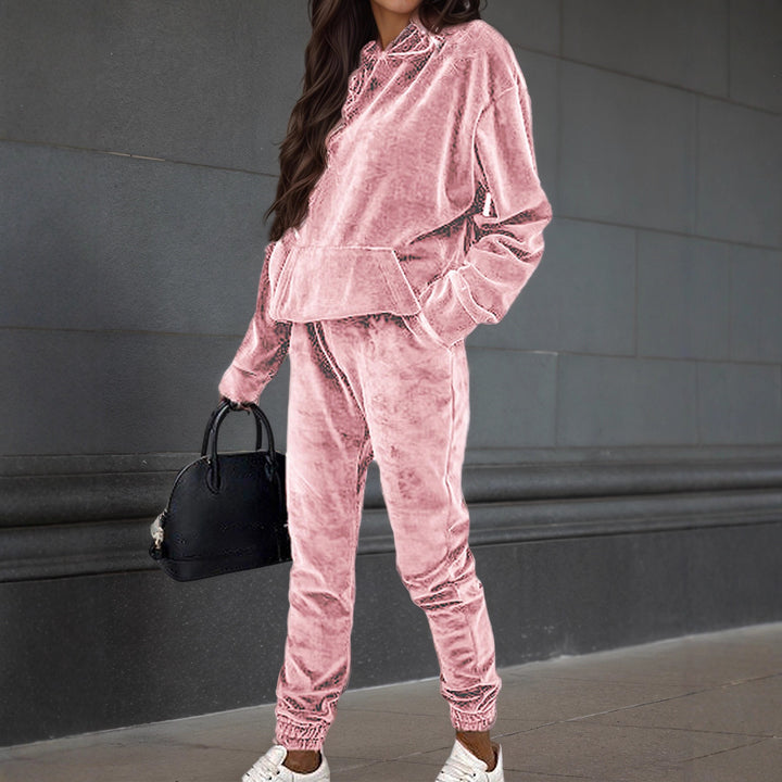 Damen Samt-Jogginganzug mit Kapuzenhoodie, Kängurutasche und elastischer Bündchenhose Drune