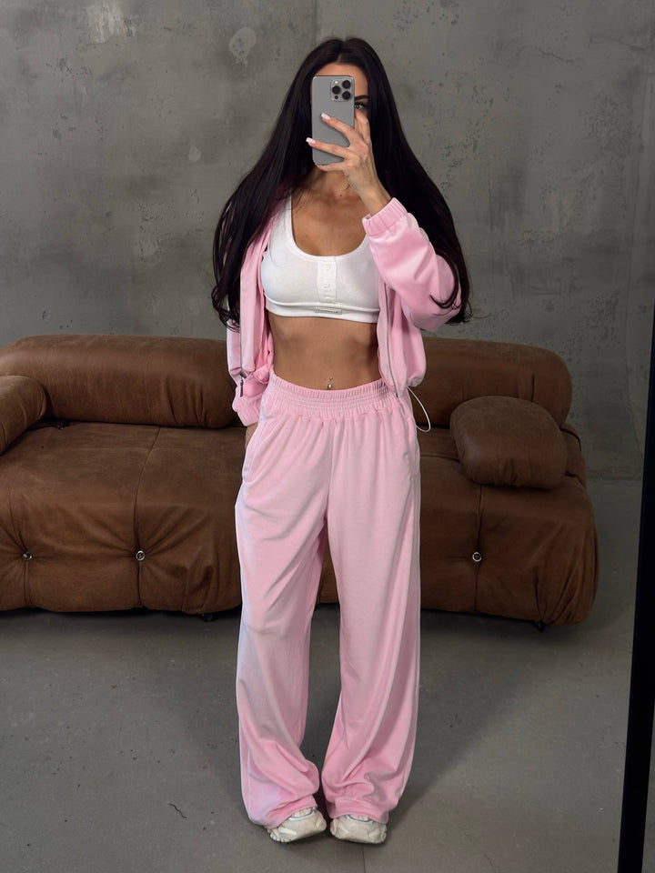 Damen weites Lounge-Set mit Cropped Zipjacke und High-Waist Relaxhose Drune