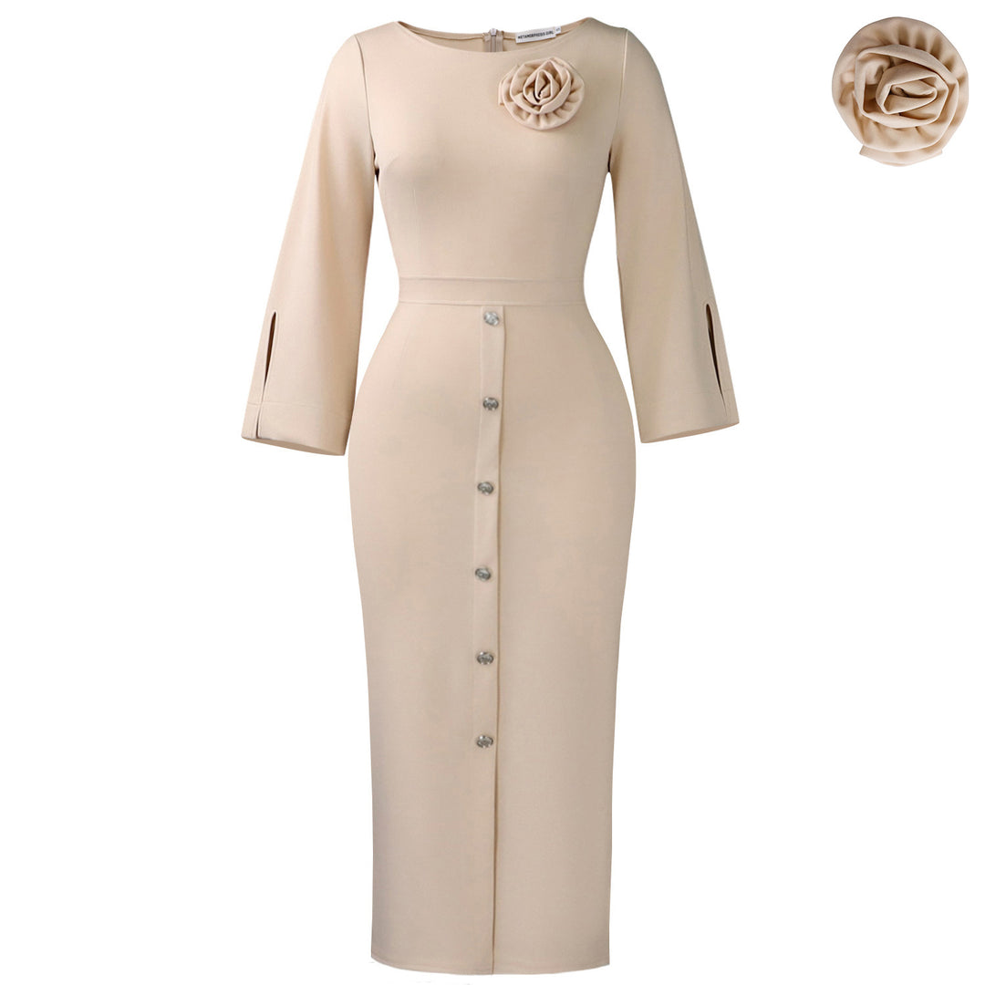 Damen Elegantes Midikleid mit dekorativem Knopfverschluss und floralem Detail Drune