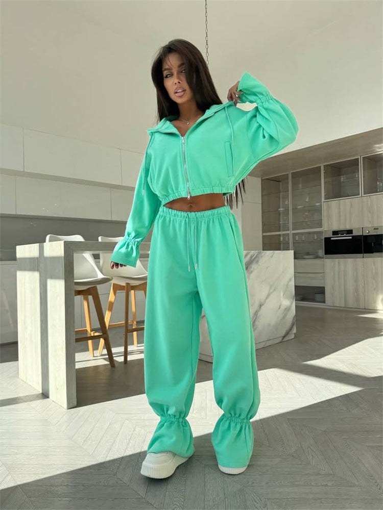 Damen Cropped-Kapuzenjacke mit Reißverschluss und taillierter Tunnelzug-Jogginghose Drune