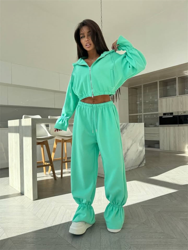 Damen Cropped-Kapuzenjacke mit Reißverschluss und taillierter Tunnelzug-Jogginghose Drune