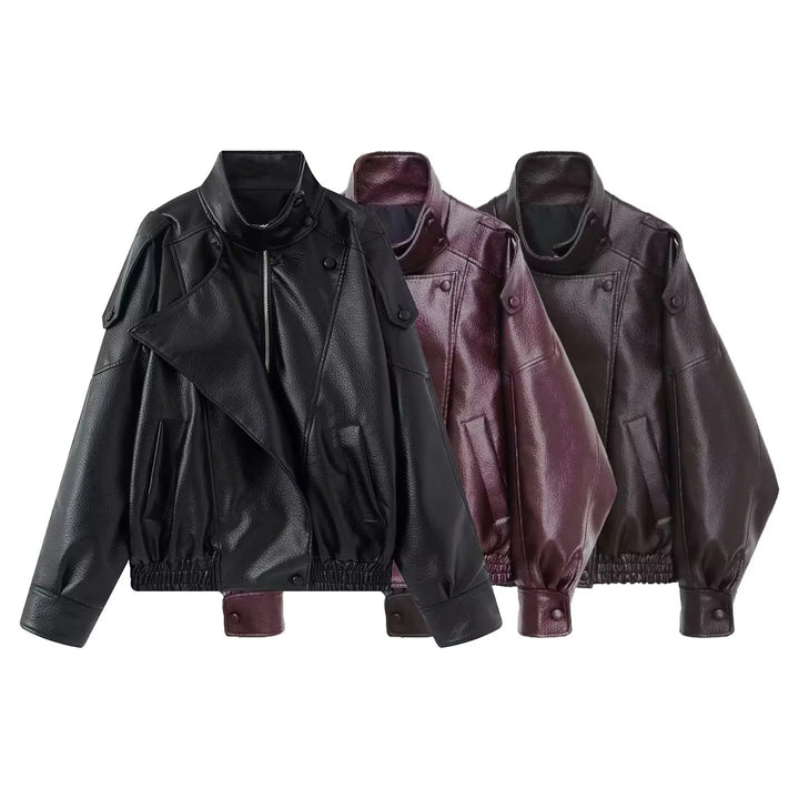 Damen nan asymmetrische Oversize Kunstlederjacke mit Stehkragen, Schulterklappen und Tunnelzugsaum Drune
