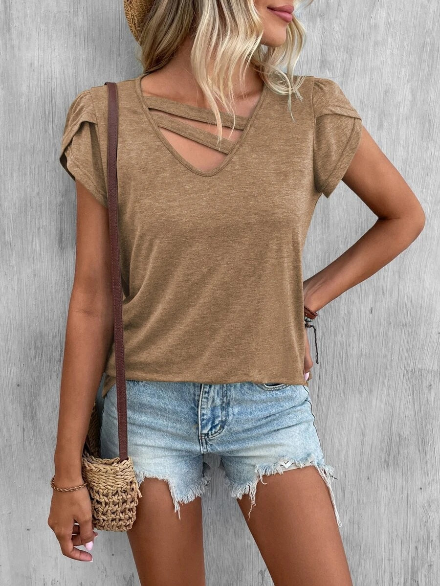 Damen lässiges Kurzarm T-Shirt mit einzigartigem Kreuz-Ausschnitt Drune