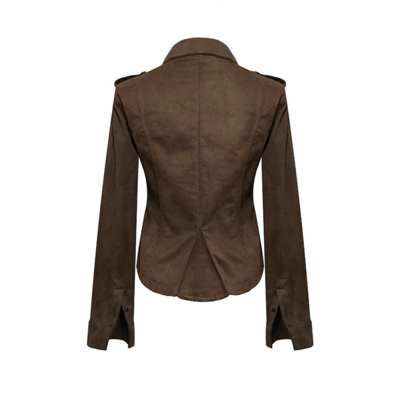 Damen Militärische Velours‑Optik Jacke mit Schulterklappen und Zierriegeln Drune