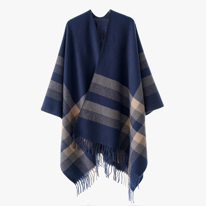 Damen Wollmix-Capeponcho im Oversize-Kimono mit Karomuster und Fransensaum Drune