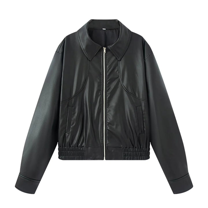 Damen nan Oversize Kunstlederjacke im Bomberstil mit Hemdkragen, kontrastierender Materialoptik und elastischem Saum Drune