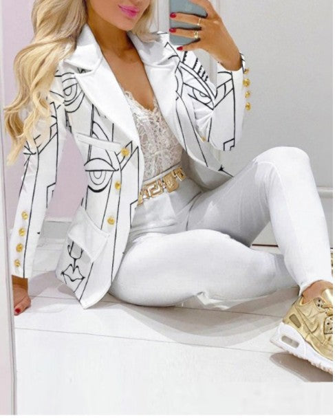 Damen Zweiteiliges Blazer-und-Hose-Set mit Schmetterlingsprint und glamourösem Glitzereffekt Drune