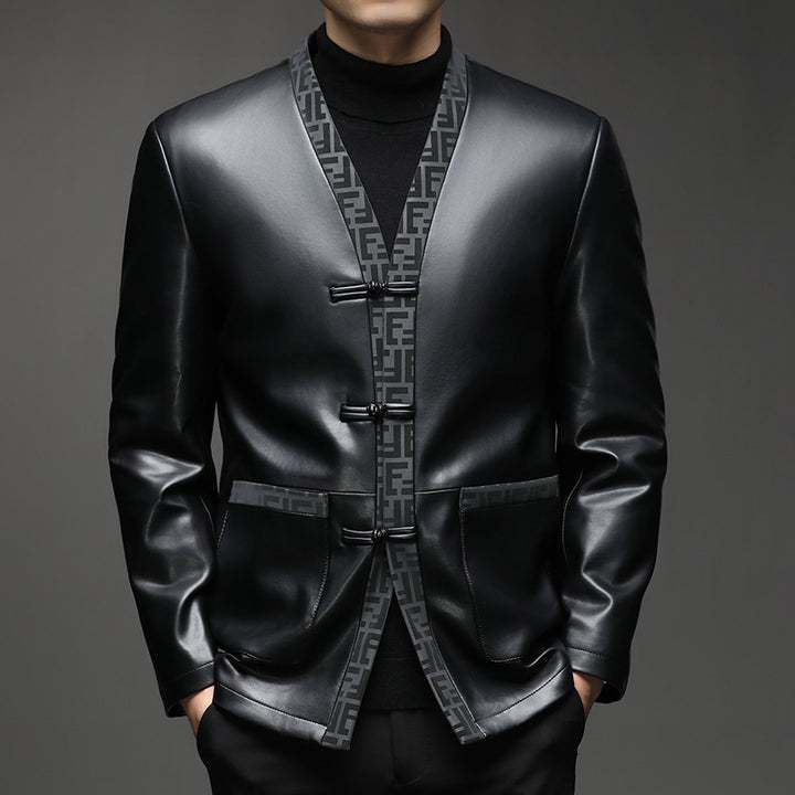 Herren Lederimitat-Cardiganjacke mit KnDruneelverschlüssen und kontrastierendem Schalkragen Drune