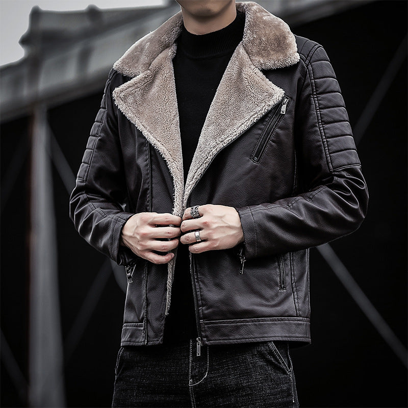 Herren Piloten-Lederjacke mit Teddyfutter, breitem Umlegekragen und gesteppter Ärmeldetail Drune