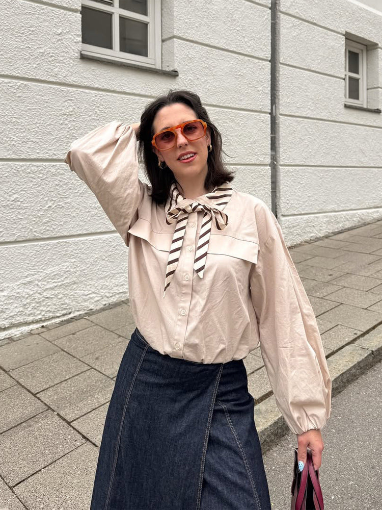 Damen Bluse mit Schleifenkragen, überschnittener Schulterpartie und voluminösen Ballonärmeln Drune