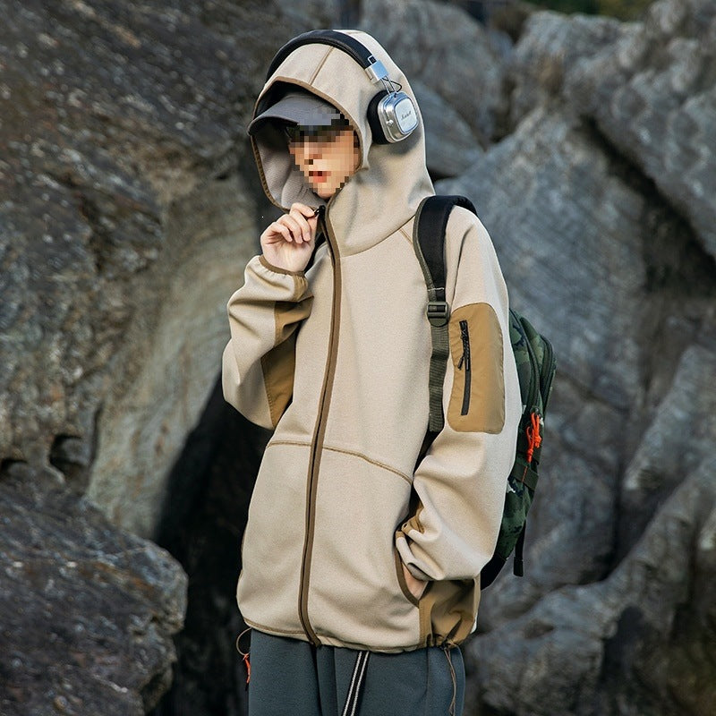 Herren Oversize Outdoor-Fleecejacke mit Kapuze, Ärmel-Reißverschlusstasche & Tunnelzug Drune