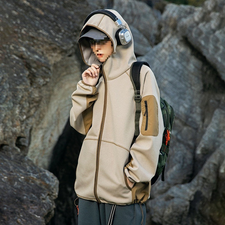 Herren Oversize Outdoor-Fleecejacke mit Kapuze, Ärmel-Reißverschlusstasche & Tunnelzug Drune