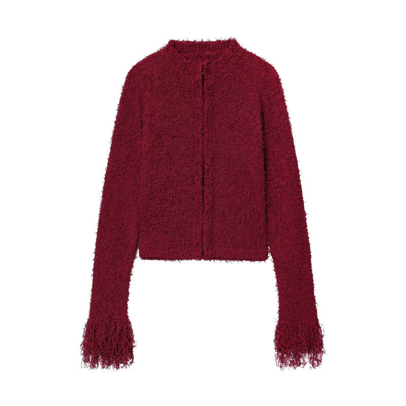 Damen kuschelige Strickjacke mit fransigen Ärmeln Drune