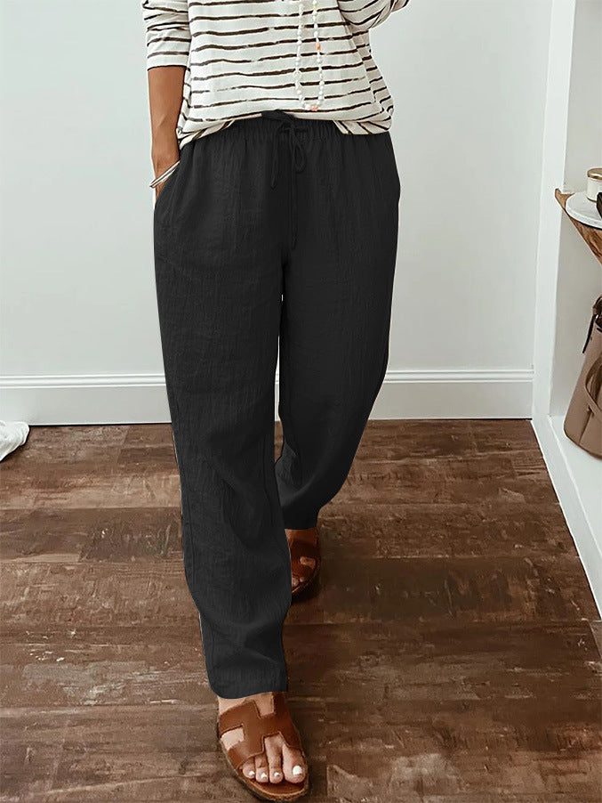 Leichte Damen-Leinenoptik-Hose mit elastischem Kordelzug, Fronttaschen und weitem Bein Drune
