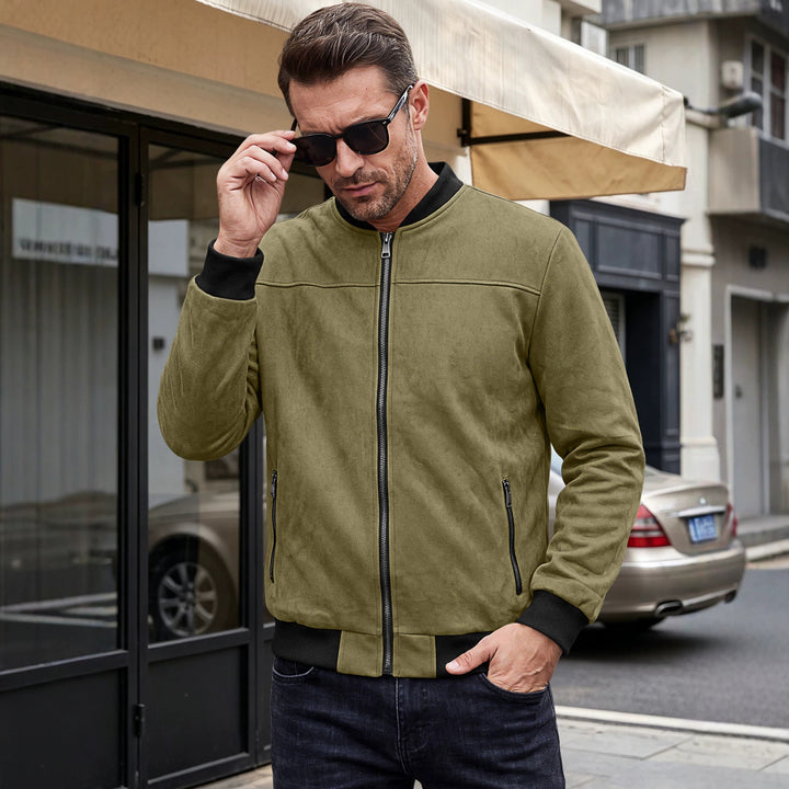 Herren Wildlederoptik Bomberjacke mit Rippenbündchen und Reißverschluss-Taschen Drune