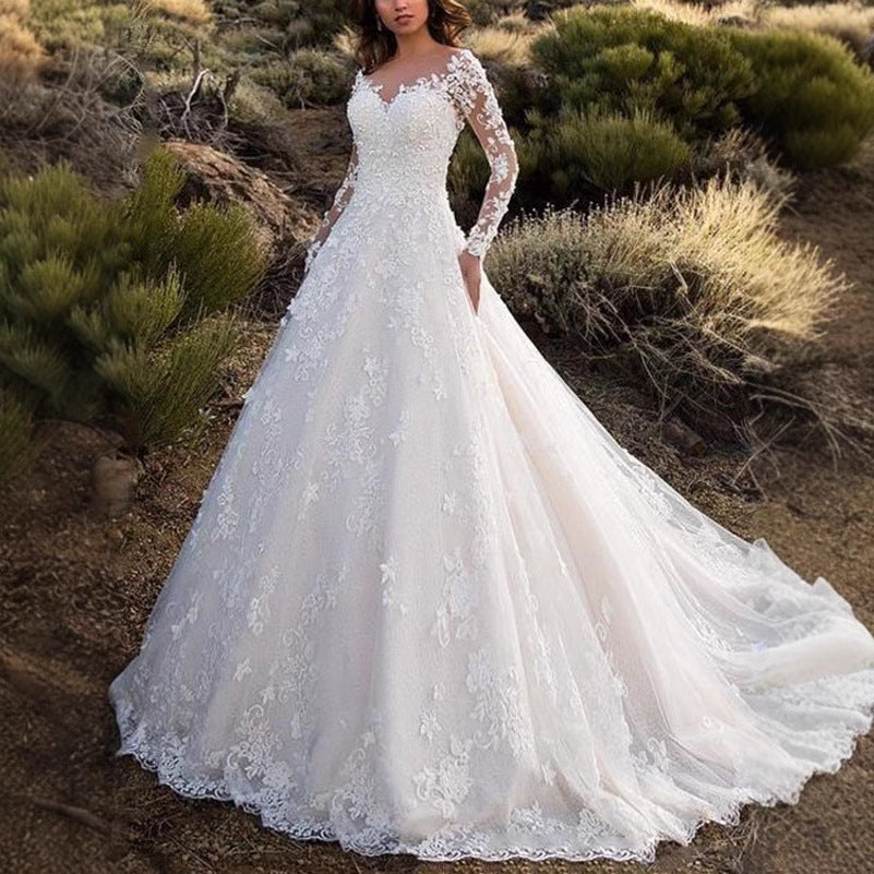 Damen Elegantes Spitzen-Abendkleid mit tiefem V-Ausschnitt und langen Ärmeln Drune