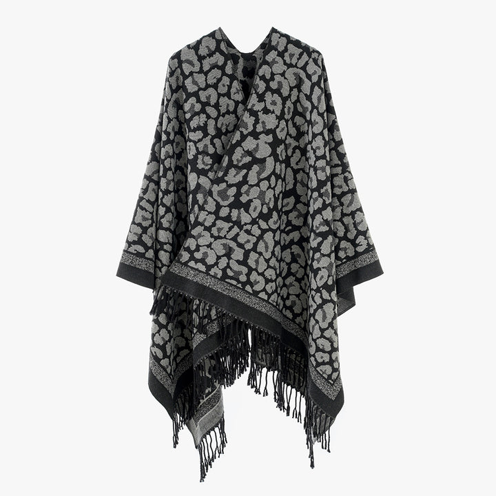 Damen Oversize‑Cape mit Jacquard‑Leomuster, offenem Fall und Fransen Drune