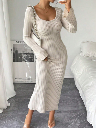 Damen geripptes Midaxi-Kleid mit U-Ausschnitt, figurbetonter Stretch-Silhouette und ausgestellten Ärmeln Drune