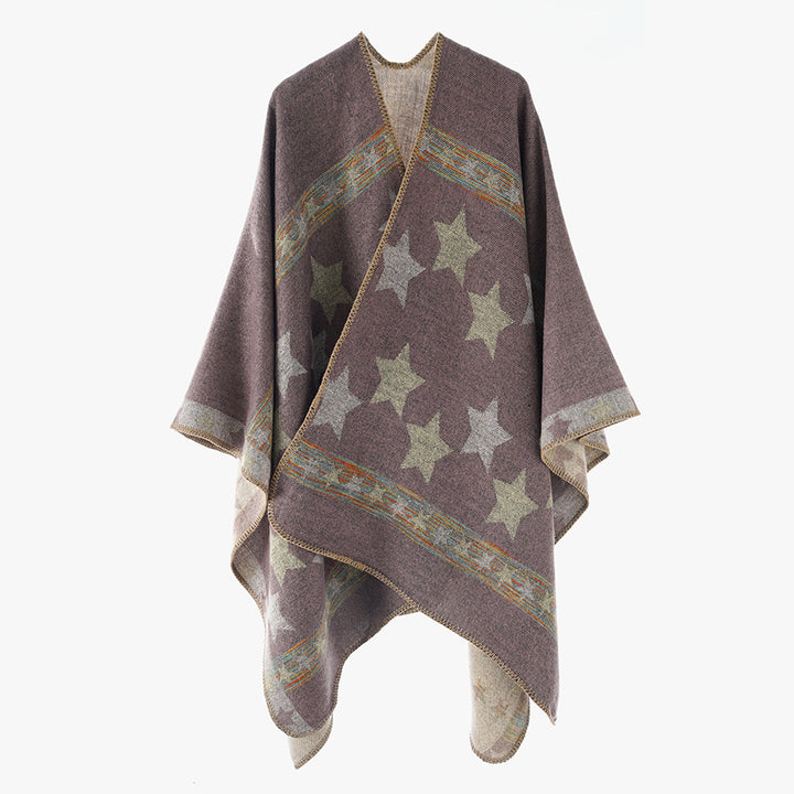 Damen Oversize-Capeponcho aus Wollmix mit zweilagigem Stern‑Jacquard und dekorativer Kettelnaht Drune