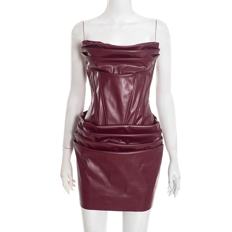 Damen Raffiniertes Minikleid aus hochwertigem Kunstleder mit drapierten Details Drune