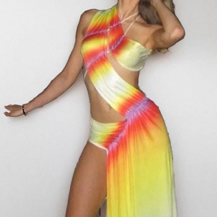 Damen Strandkleid mit asymmetrischem Schnitt und farbenfrohem Batik-Design Drune