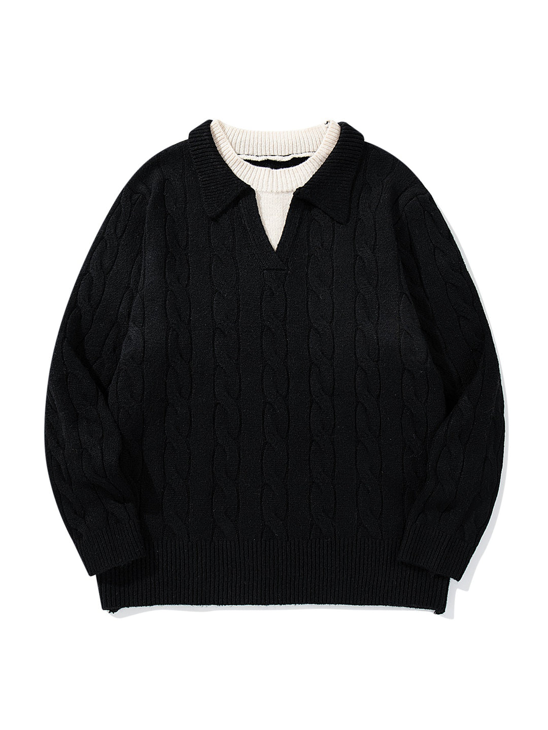 Unisex Strukturiertes Zopfstrick-Pullover mit Polokragen und tiefem V‑Ausschnitt Drune