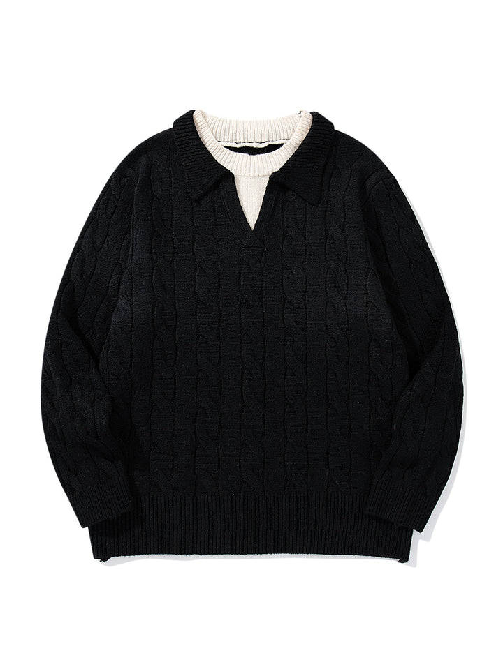Unisex Strukturiertes Zopfstrick-Pullover mit Polokragen und tiefem V‑Ausschnitt Drune