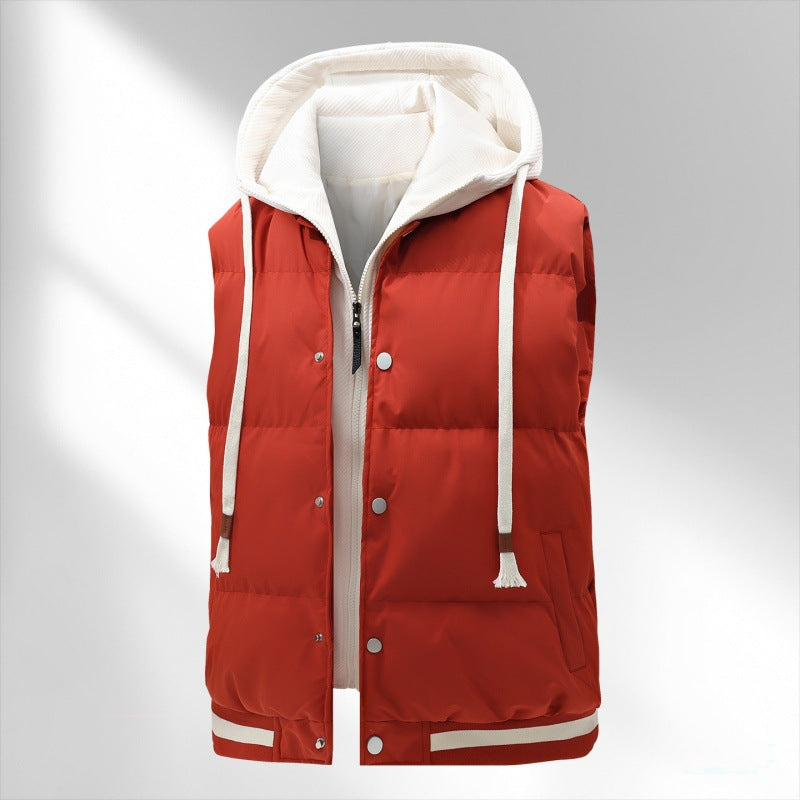 Herren gesteppte Kapuzenweste mit integriertem Hoodie-Layer, Druckknopfleiste und sportivem Geripptsaum Drune