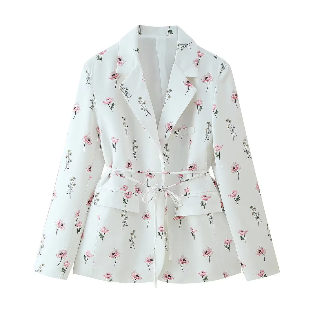 Damen nan floraler Blazerjacke mit Bindegürtel, Pattentaschen und Schalkragen Drune
